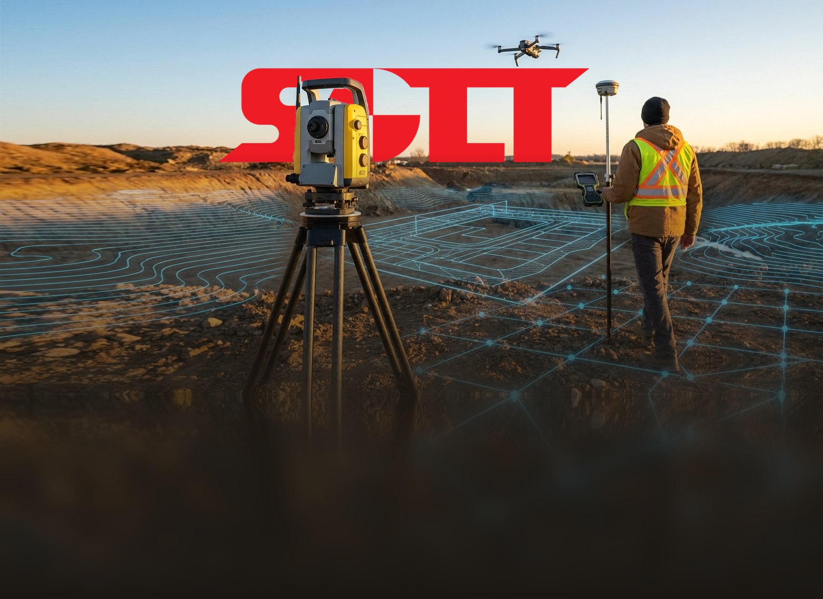 SOLT Logo über einer Baustelle: Totalstation auf Stativ, Vermesser mit GNSS-Stab und Vermessungsdrohne