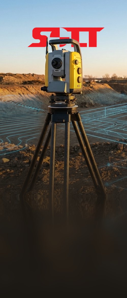 SOLT Logo hinter einer Totalstation auf einer Baustelle
